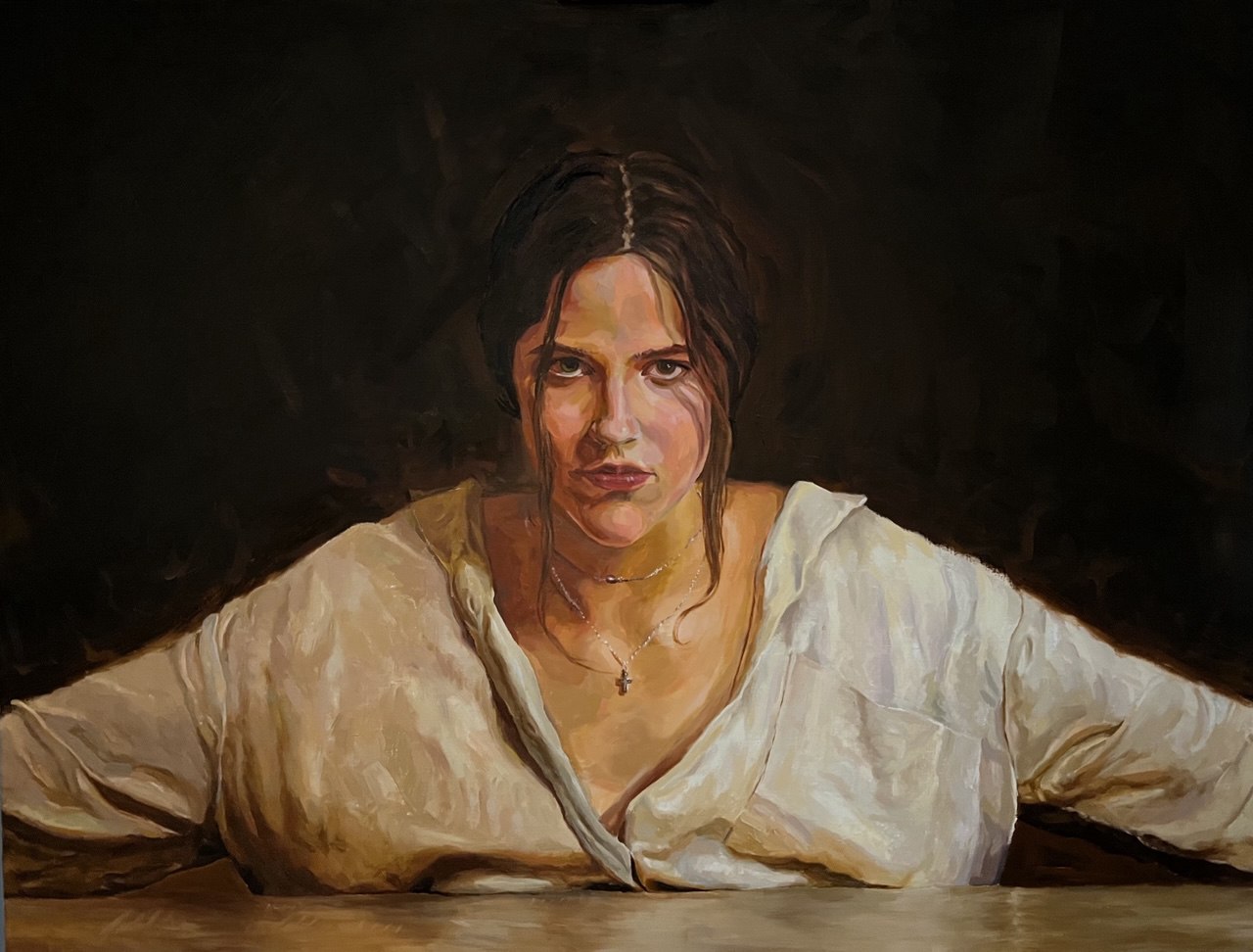 Artistic depiction of a woman in a white shirt with a dark background
